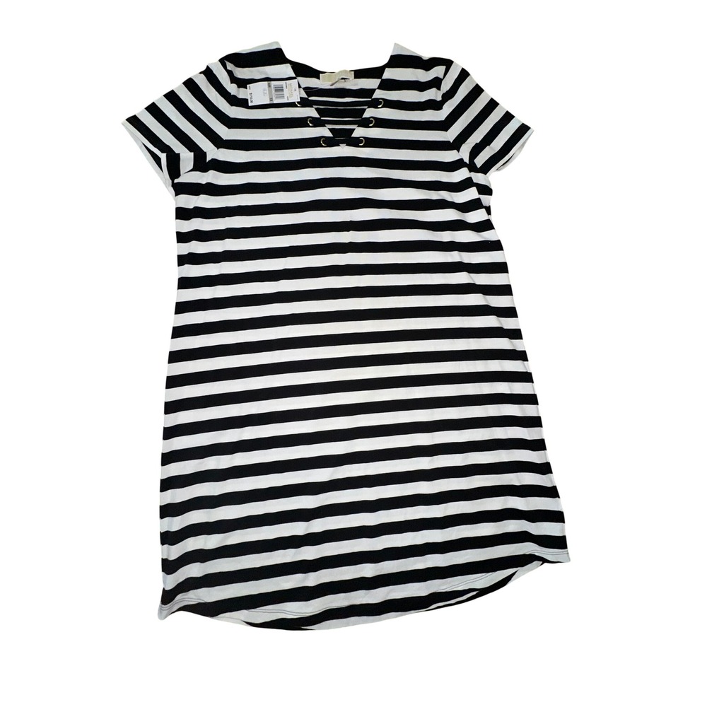Michael Kors New 1X Striped Lace Up V-Neck Nautical T-Shirt Dress Black White